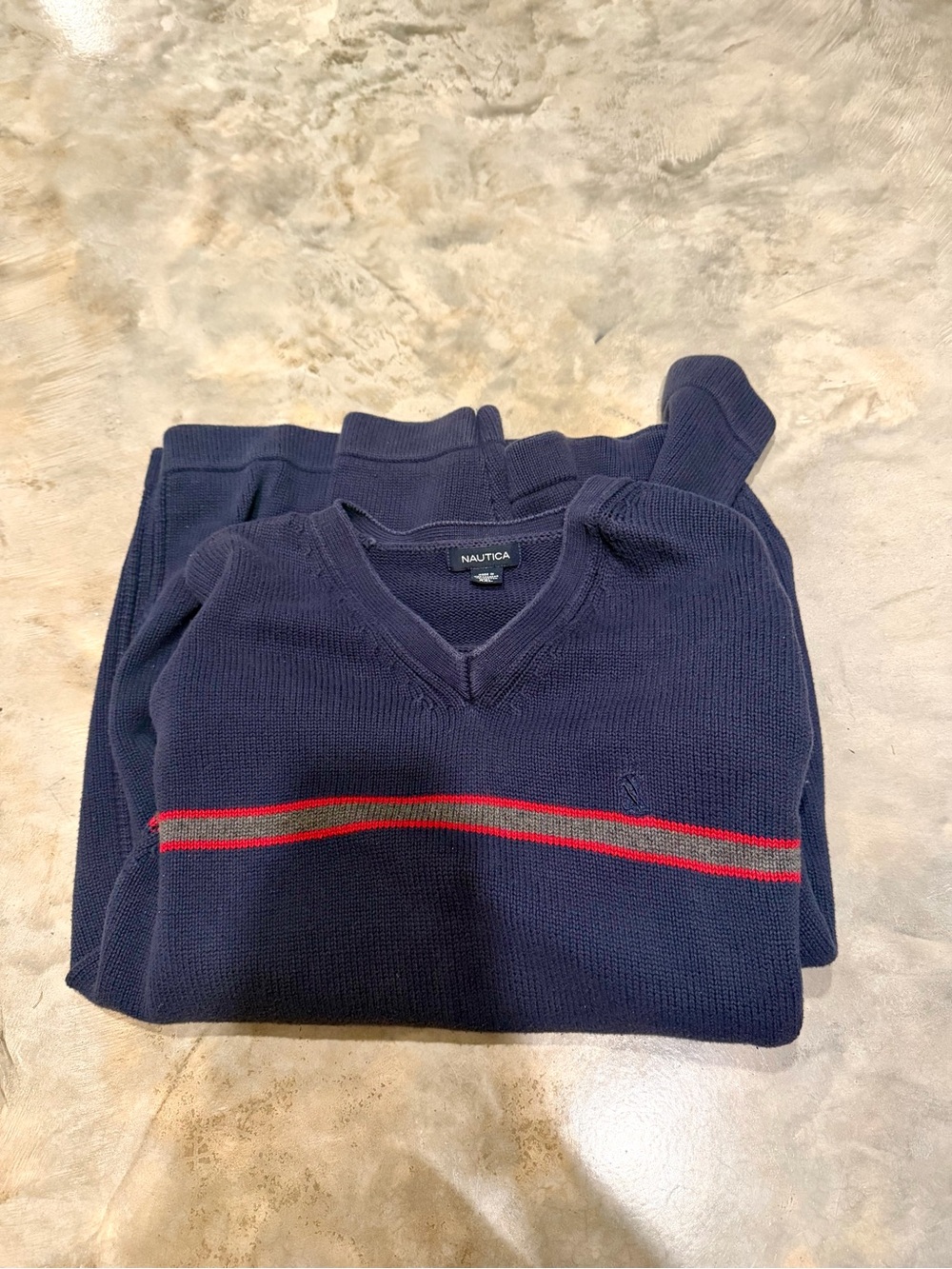 Nautica Men’s Navy V-Neck Sweater with Red & Gray Chest Stripes